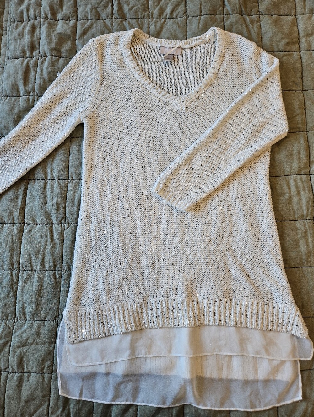 LOFT V-Neck Knit Sweater with Chiffon Layer